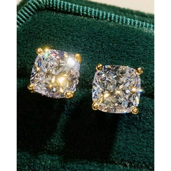 8 ctw Yellow Gold Cushion Cut Simulated Diamond Studs - Picture 1 of 4